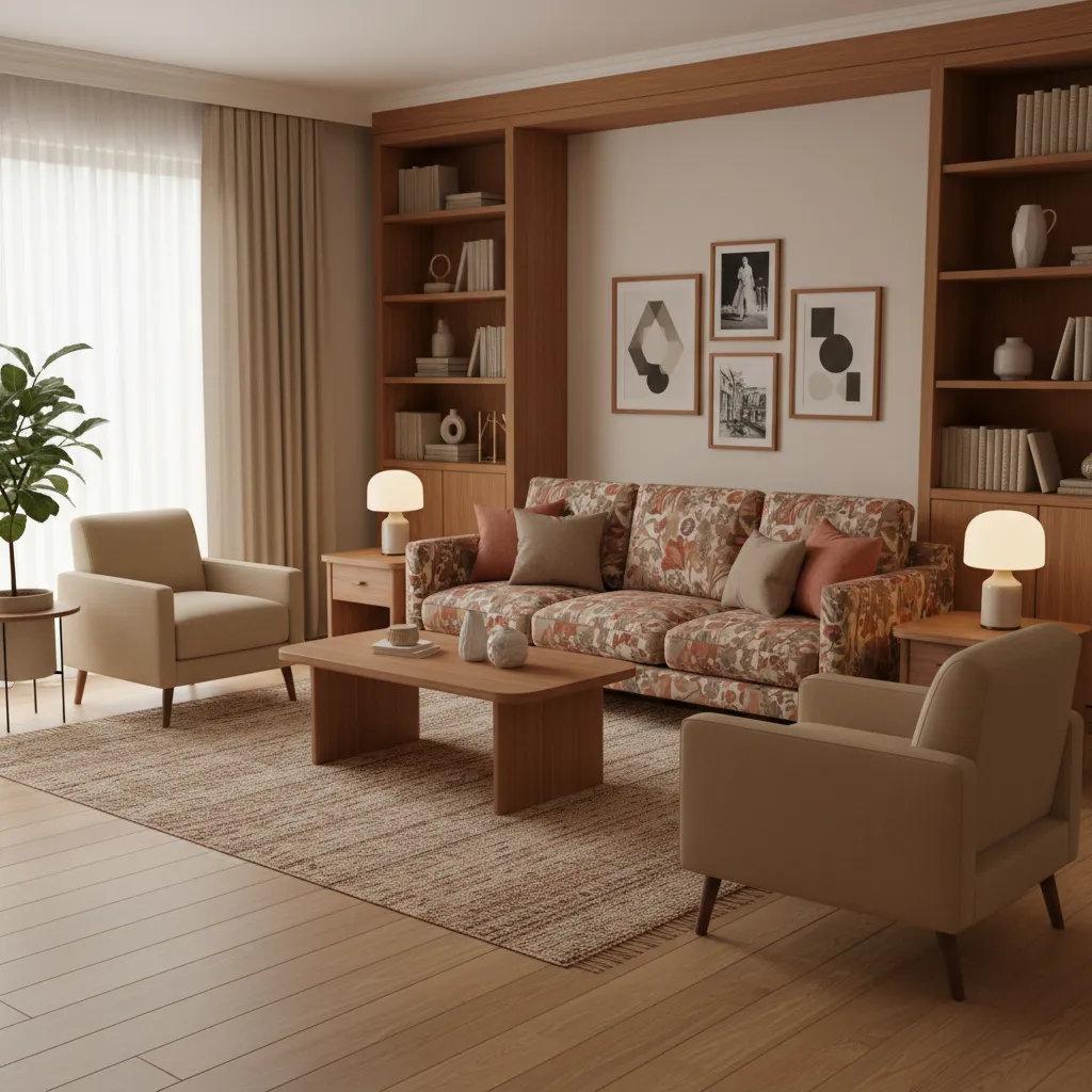 Huxtable inspired living room with warm colors and conversational seating