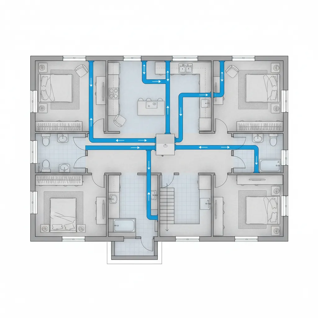 HVAC airflow diagram showing duct routing and static pressure points