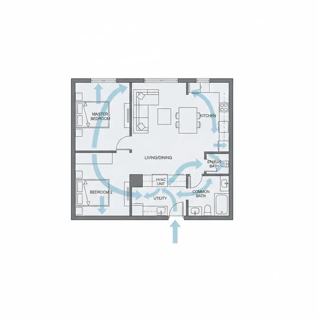 Home floor plan showing airflow circulation for HVAC efficiency