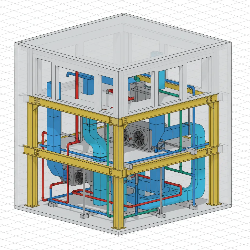 BIM coordination model showing HVAC ducts pipes and structural beams