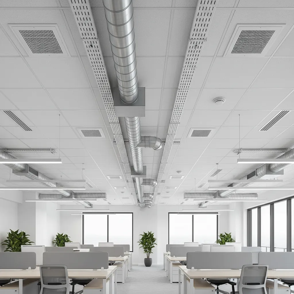 Ceiling HVAC vents and air distribution system in a modern office interior
