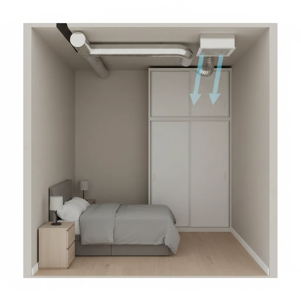 Simplified airflow diagram showing duct delivering air into a small room