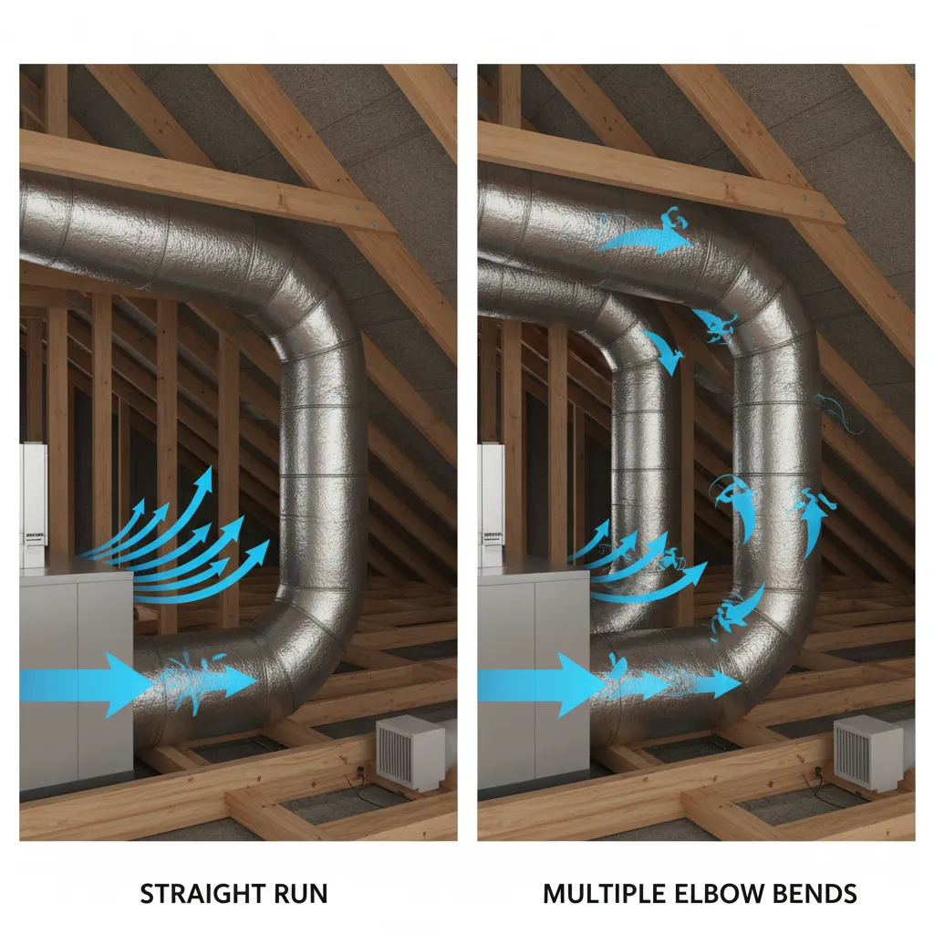 Comparison of straight HVAC duct run versus multiple sharp bends affecting airflow