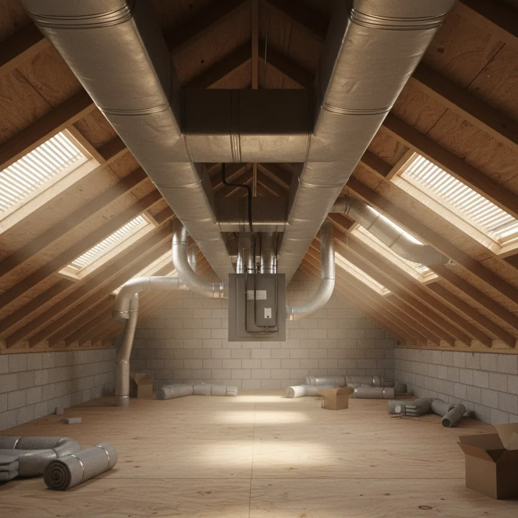HVAC ductwork layout running through attic space in a residential home