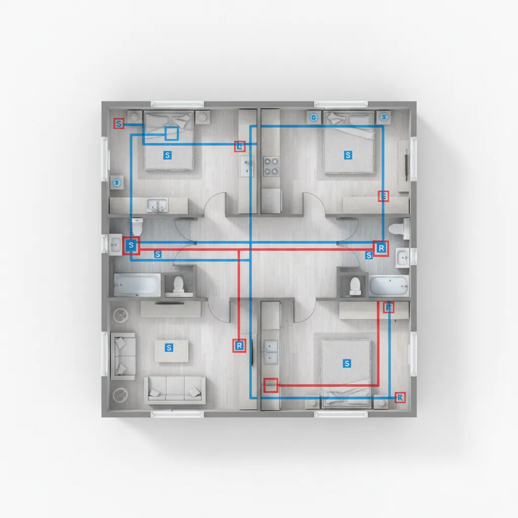 Home floor plan showing HVAC duct layout and supply vent placement