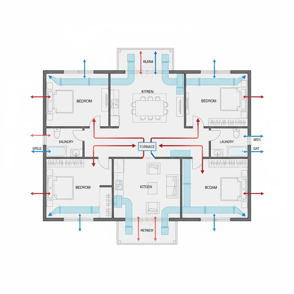 visual diagram of residential HVAC airflow and duct layout in a house floor plan