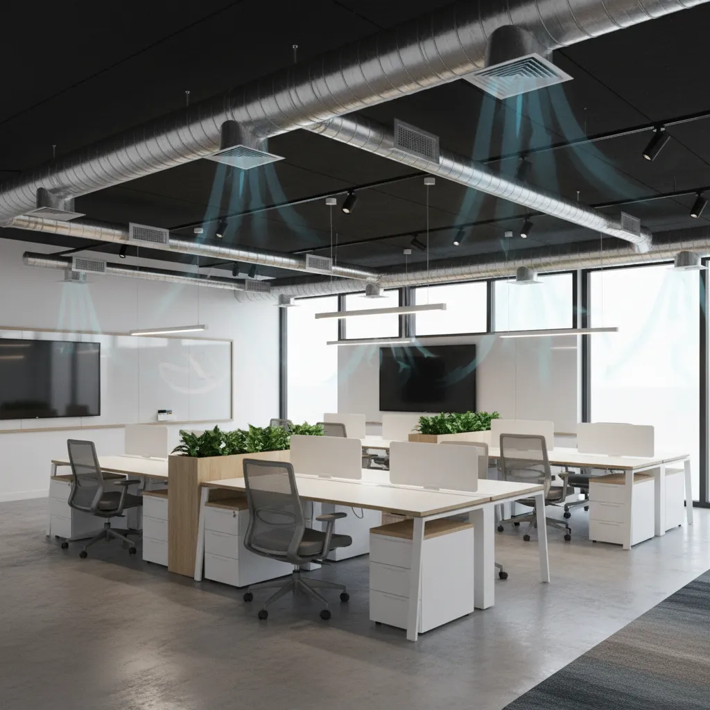 HVAC duct routing layout across an open office interior ceiling