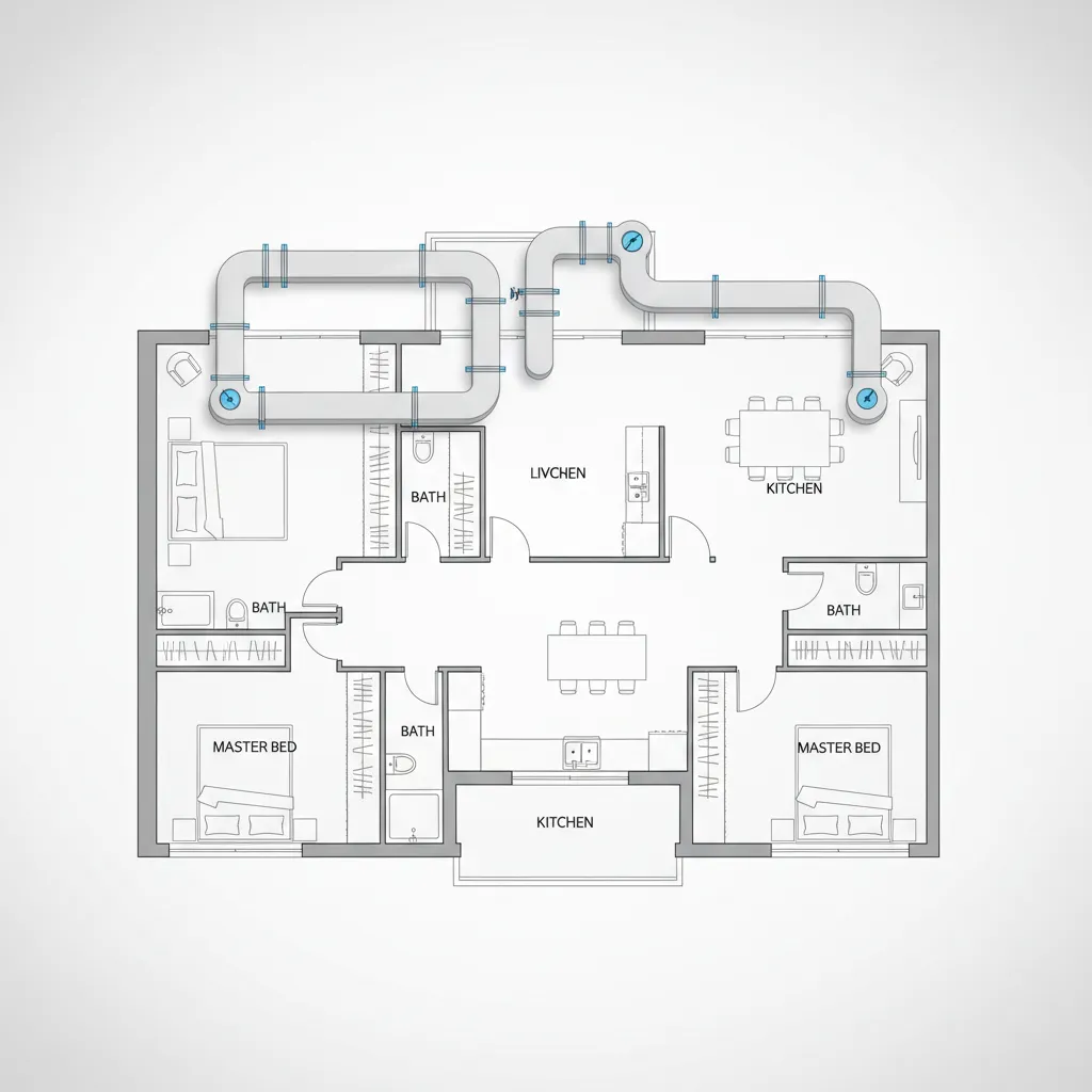 Home floor plan with HVAC duct layout planning for proper airflow distribution