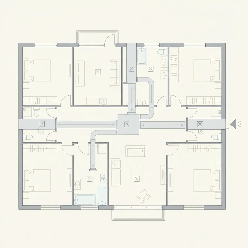 Simple residential floor plan showing HVAC duct layout to small rooms