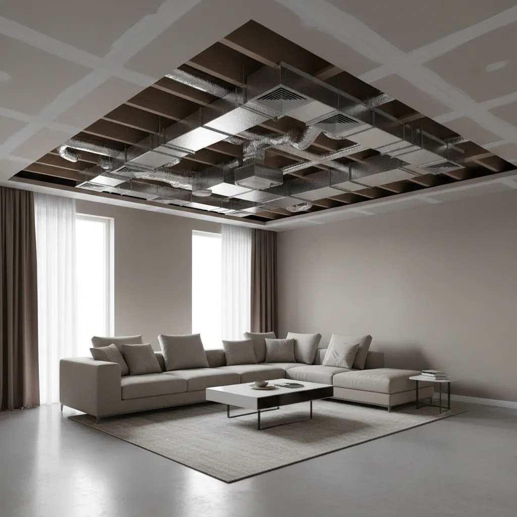 3D visualization of HVAC duct layout inside a small house ceiling
