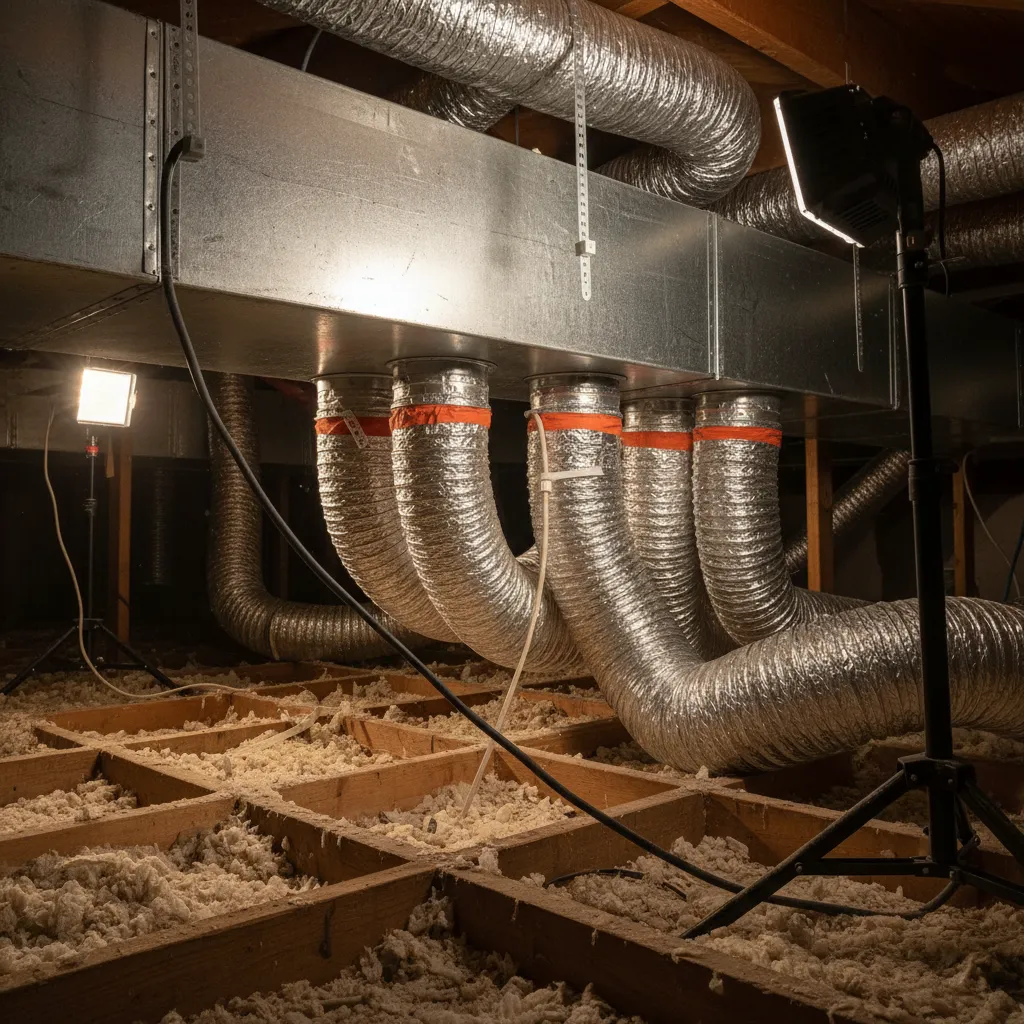 Comparison of metal HVAC duct trunk and flexible insulated branch ducts