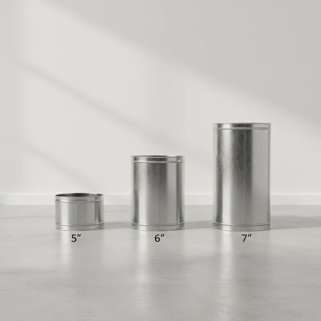 Visual comparison of 5 inch 6 inch and 7 inch round HVAC ducts