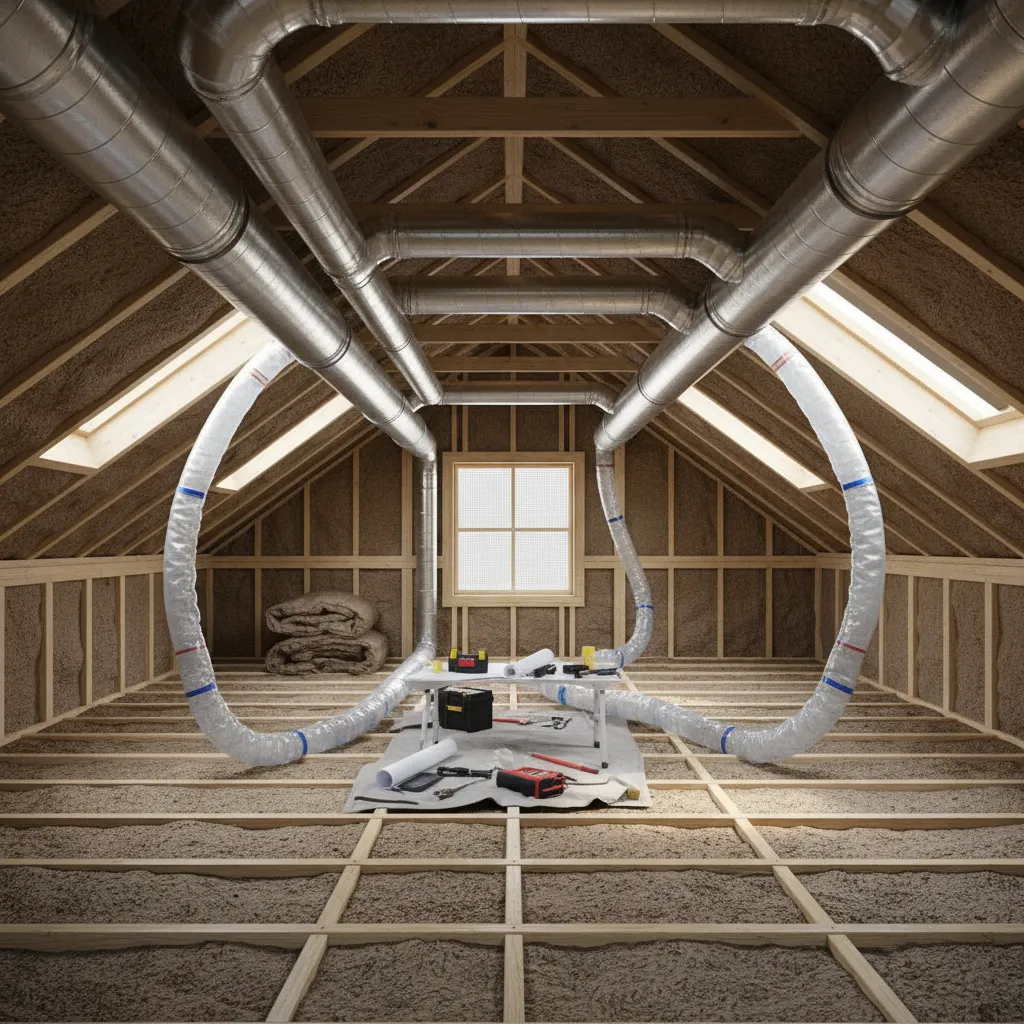 HVAC ductwork installation inside attic of small house