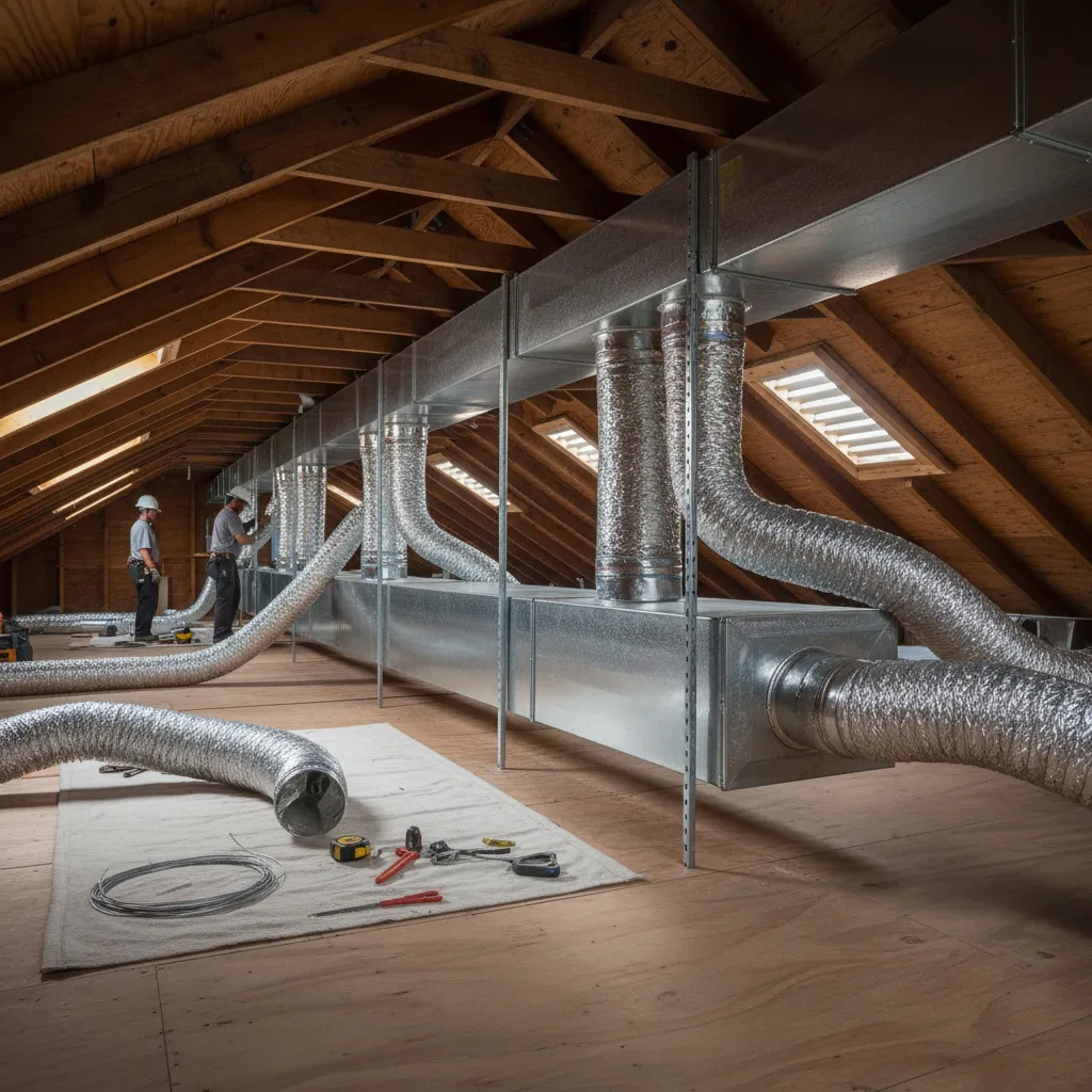 HVAC ductwork installation in attic of residential house