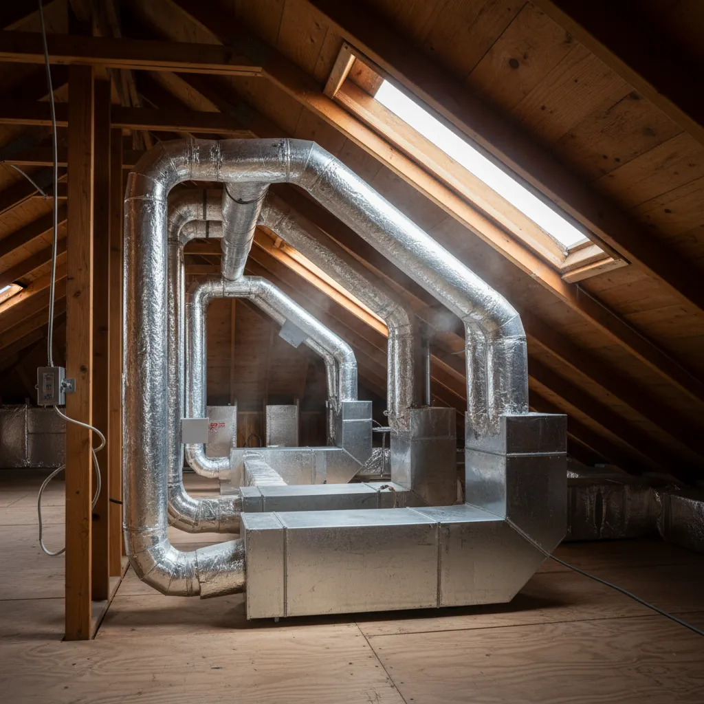 Residential HVAC ductwork layout running through an attic
