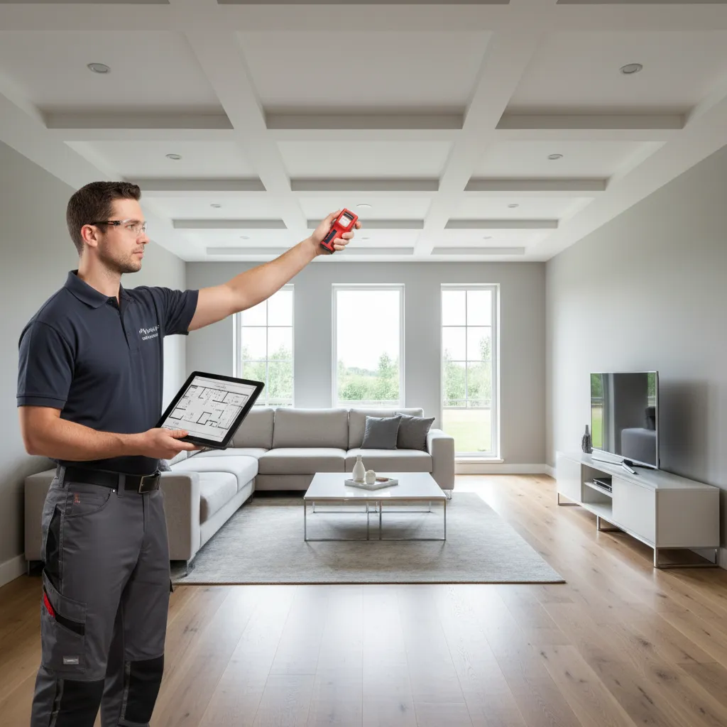 HVAC technician measuring residential room for AC load calculation