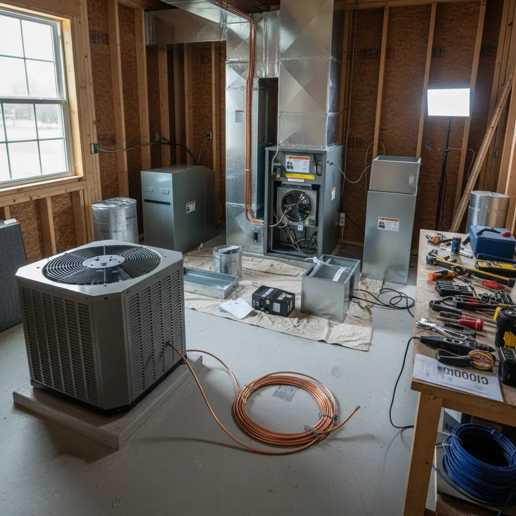 Residential HVAC installation equipment and components during setup