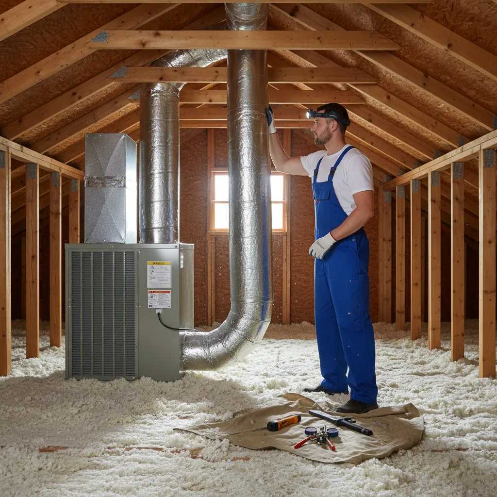 HVAC technician inspecting ductwork installation in residential attic