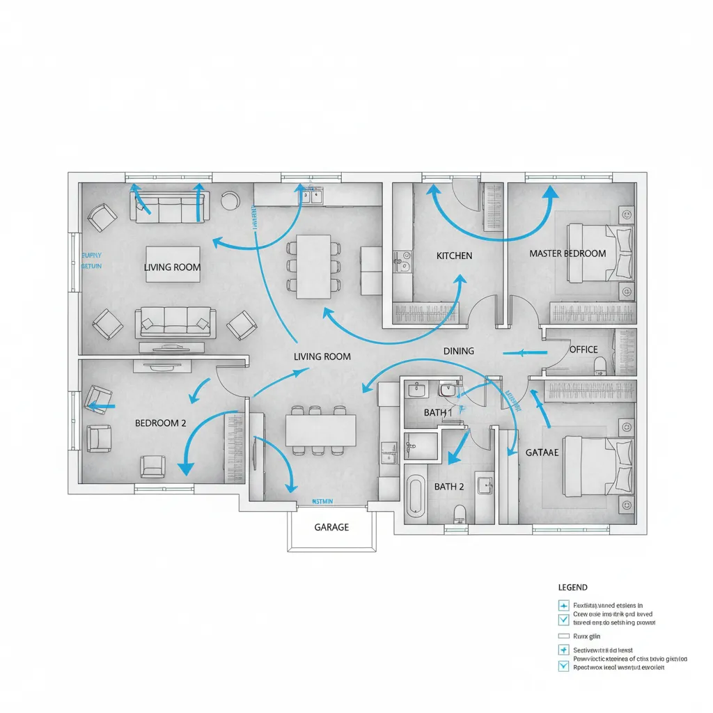 Home floor plan used for HVAC load calculation and airflow planning