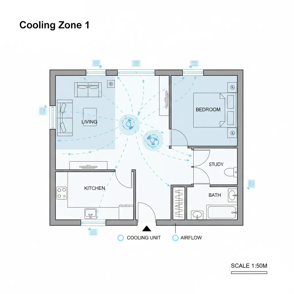 architectural floor plan showing HVAC cooling load zones in small house layout