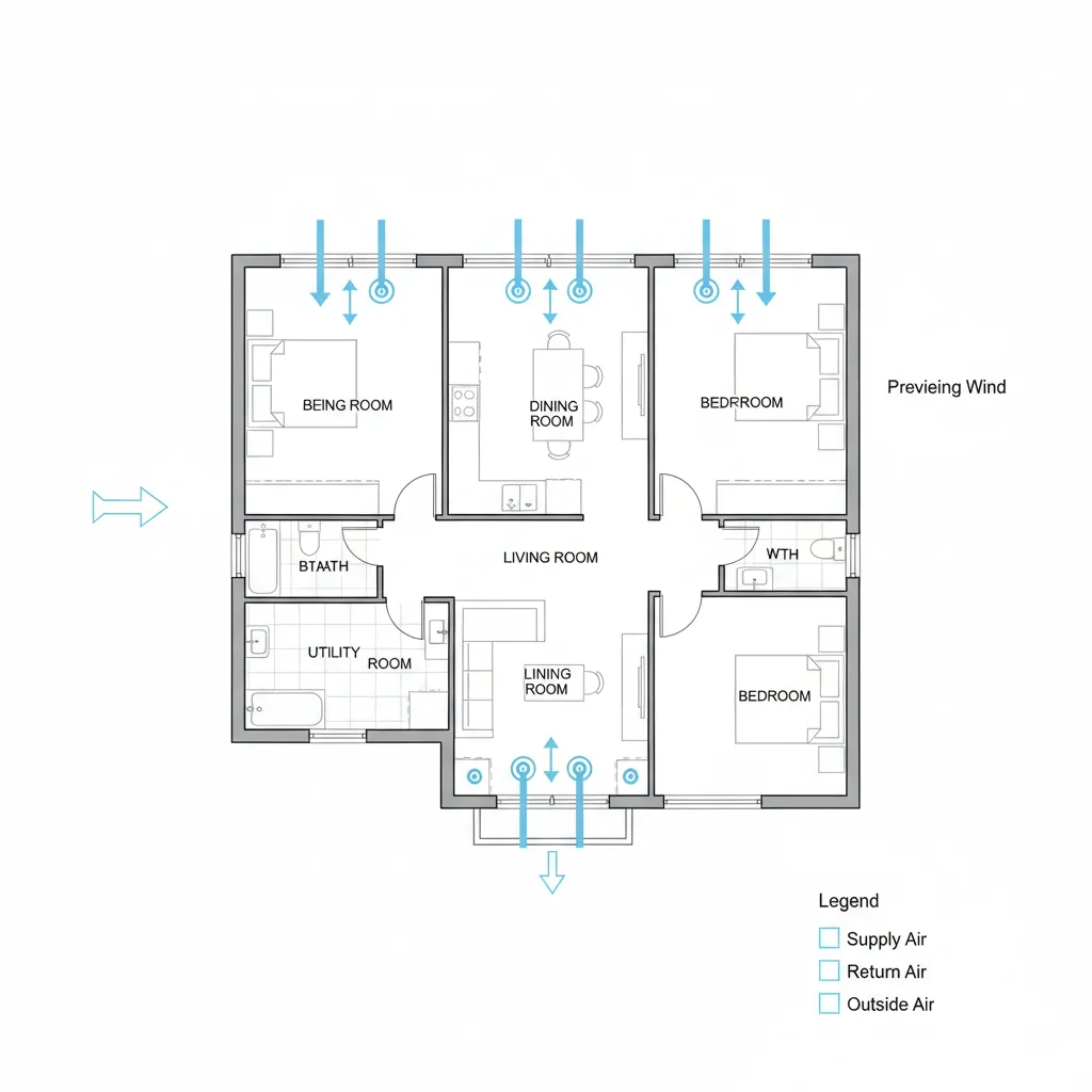 Home floor plan layout used for HVAC load calculation and airflow planning