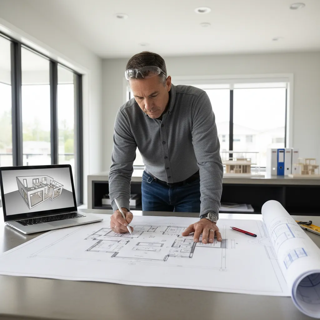 Contractor reviewing home floor plan for HVAC load calculation