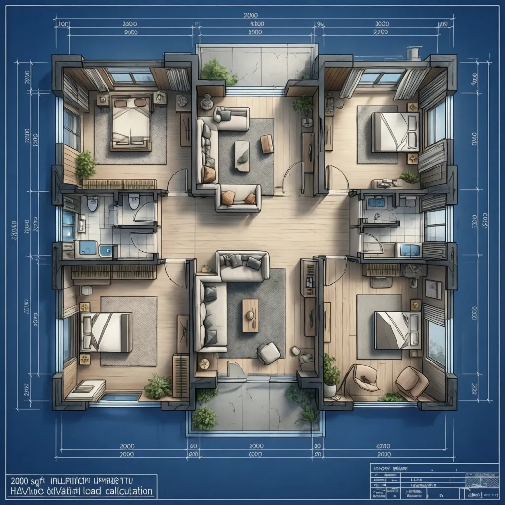 Floor plan used for HVAC load calculation in a 2000 sq ft home