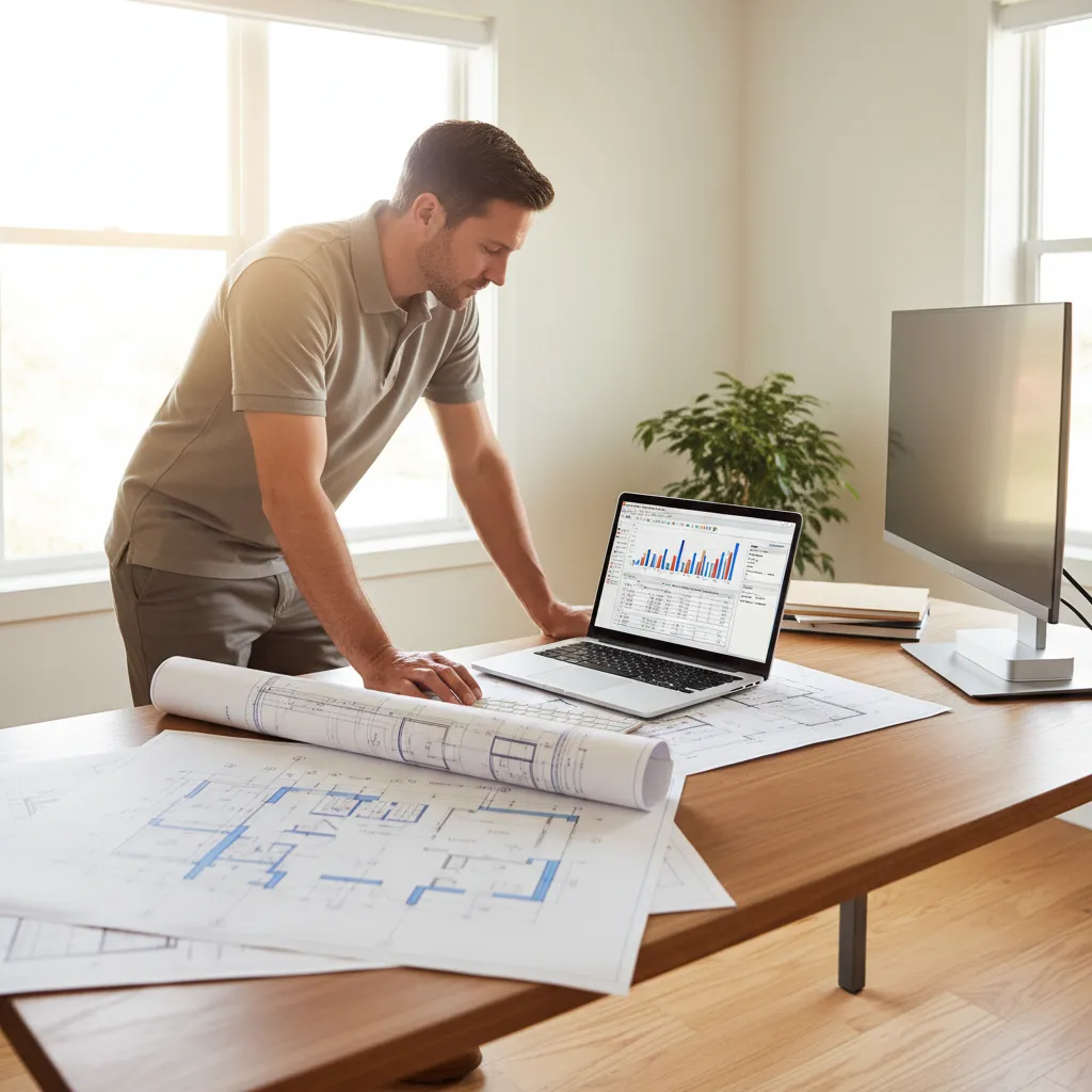 HVAC contractor reviewing digital load calculation software for residential cooling sizing