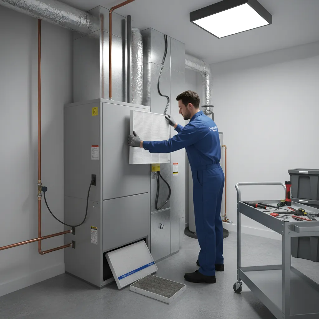 Technician replacing HVAC air filter to improve cooling efficiency