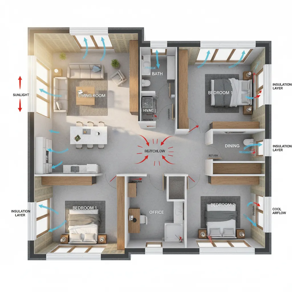 Residential layout diagram illustrating factors used in Manual J HVAC load calculations
