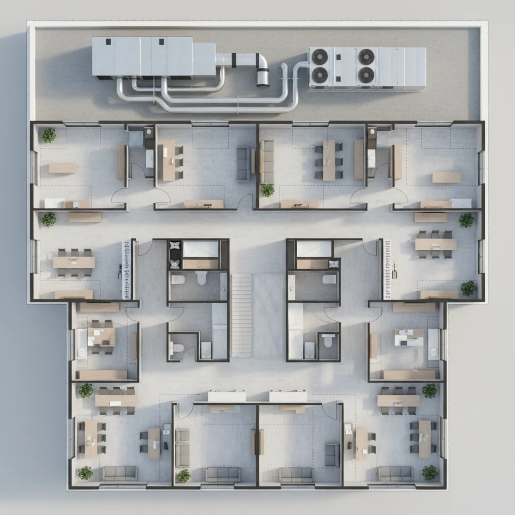 3D floor layout showing placement of air conditioning units in a building design