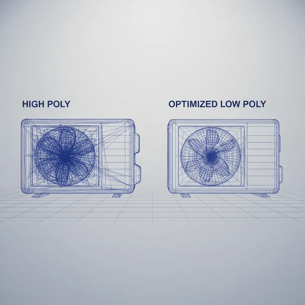 wireframe comparison showing reduced polygon air conditioner model