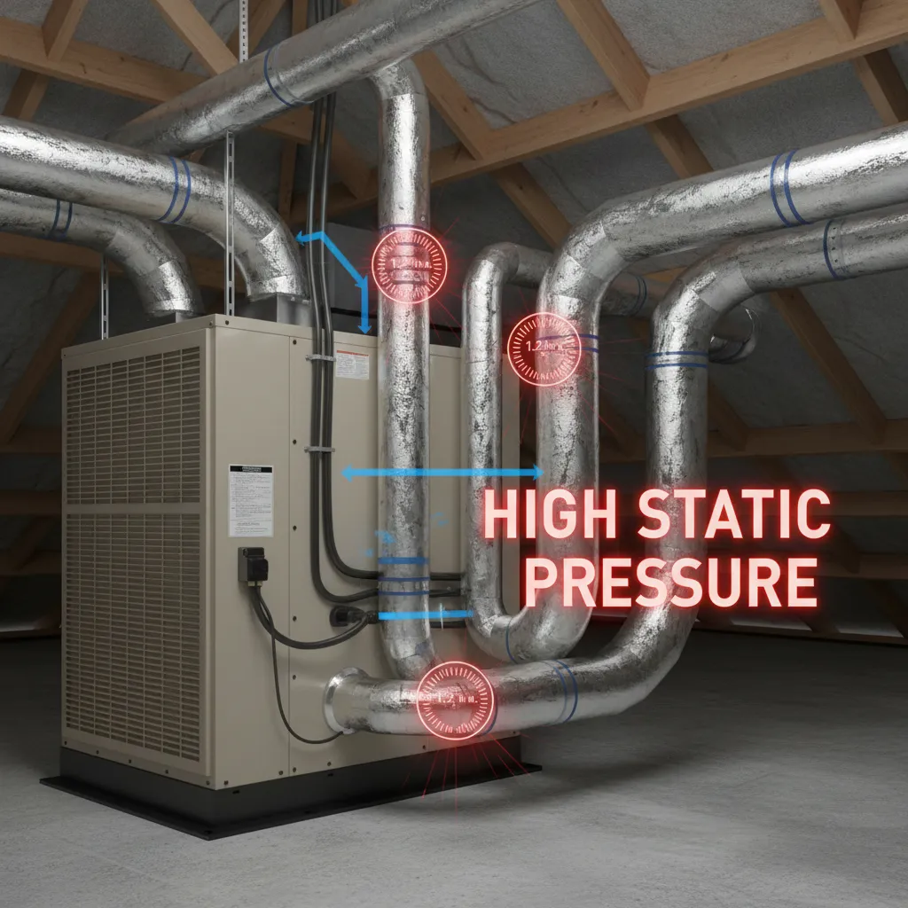 Residential HVAC system showing blower and ductwork affected by high static pressure