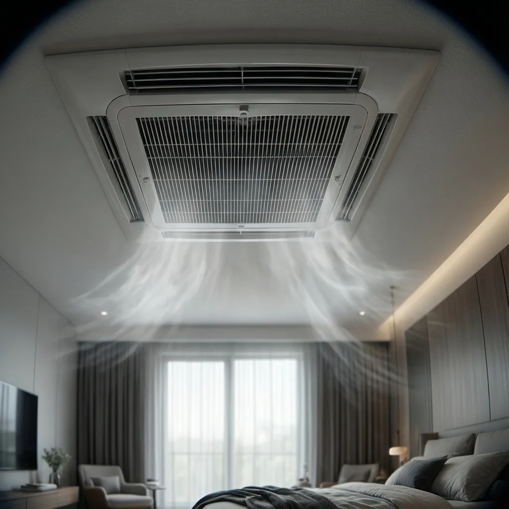 HVAC ceiling supply register distributing airflow in a modern bedroom