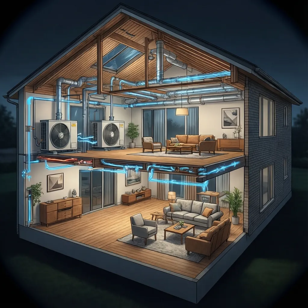Residential HVAC system components showing condenser, ducts, and indoor airflow