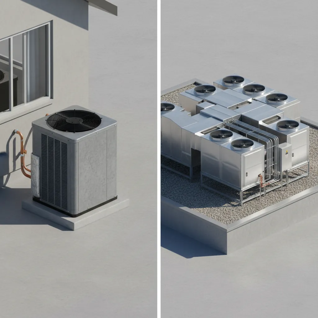 Visual comparison between small residential HVAC condenser and large commercial rooftop units