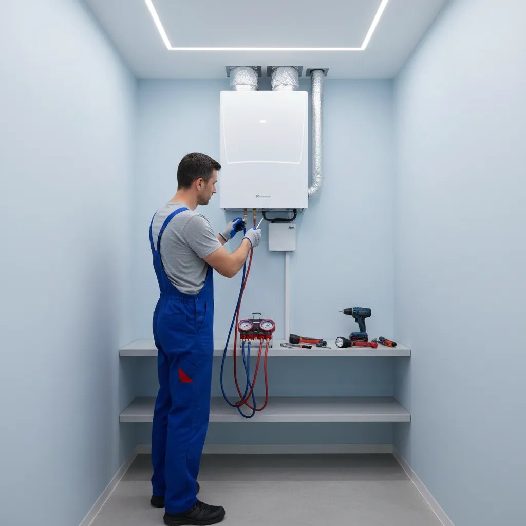 HVAC technician inspecting air conditioning system inside a small house