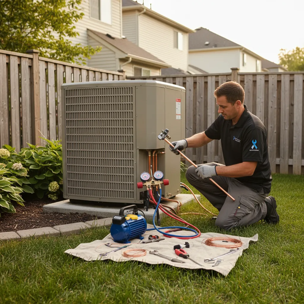 HVAC technician installing central air system components during home installation