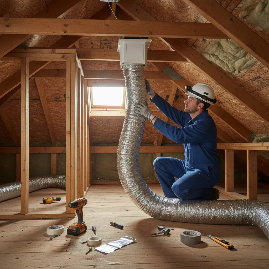 HVAC technician installing insulated duct for bathroom exhaust ventilation
