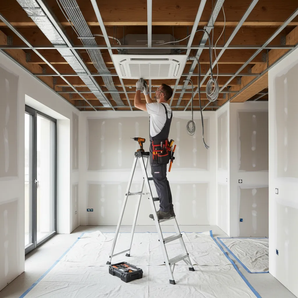 HVAC technician installing ceiling cassette air conditioner unit