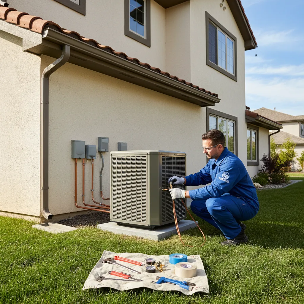 HVAC technician installing air conditioning system components