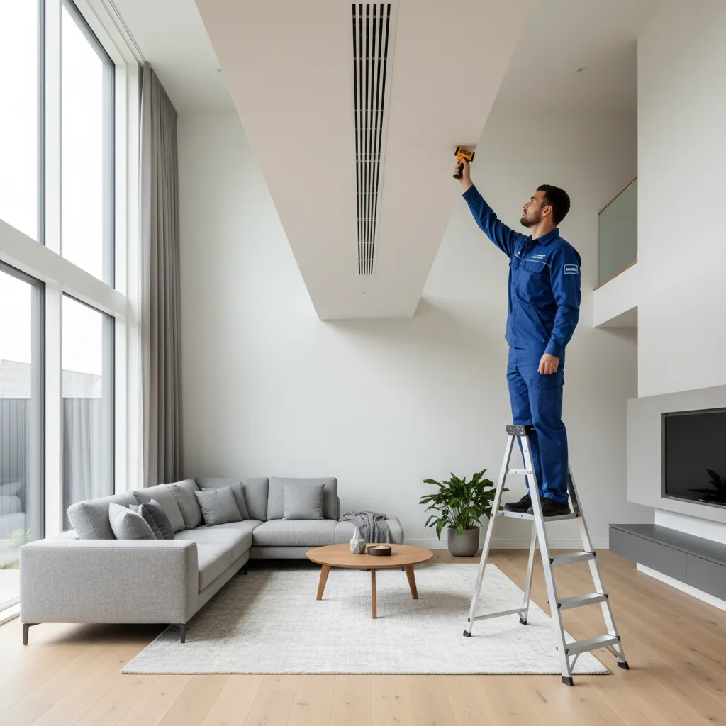 HVAC technician measuring airflow from vent inside living room