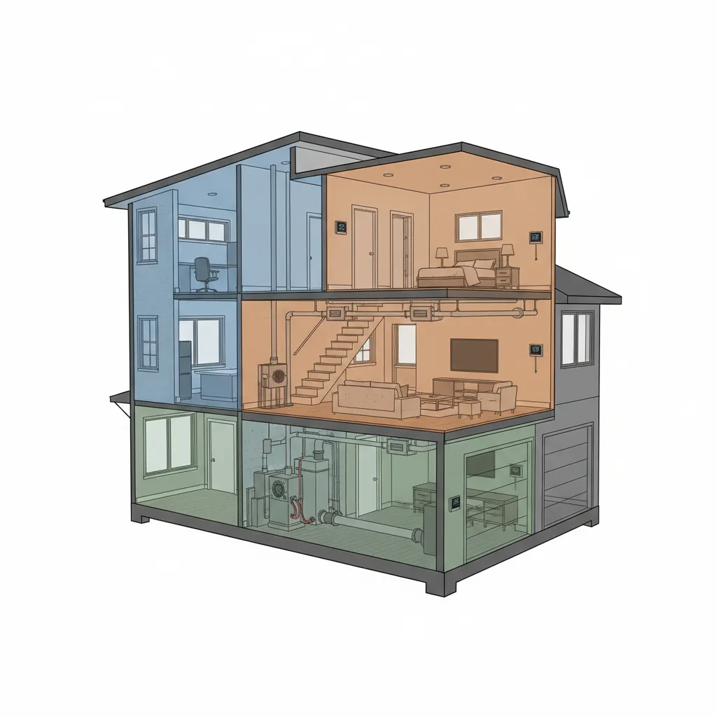 HVAC zoning system diagram showing multiple thermostats in a large home