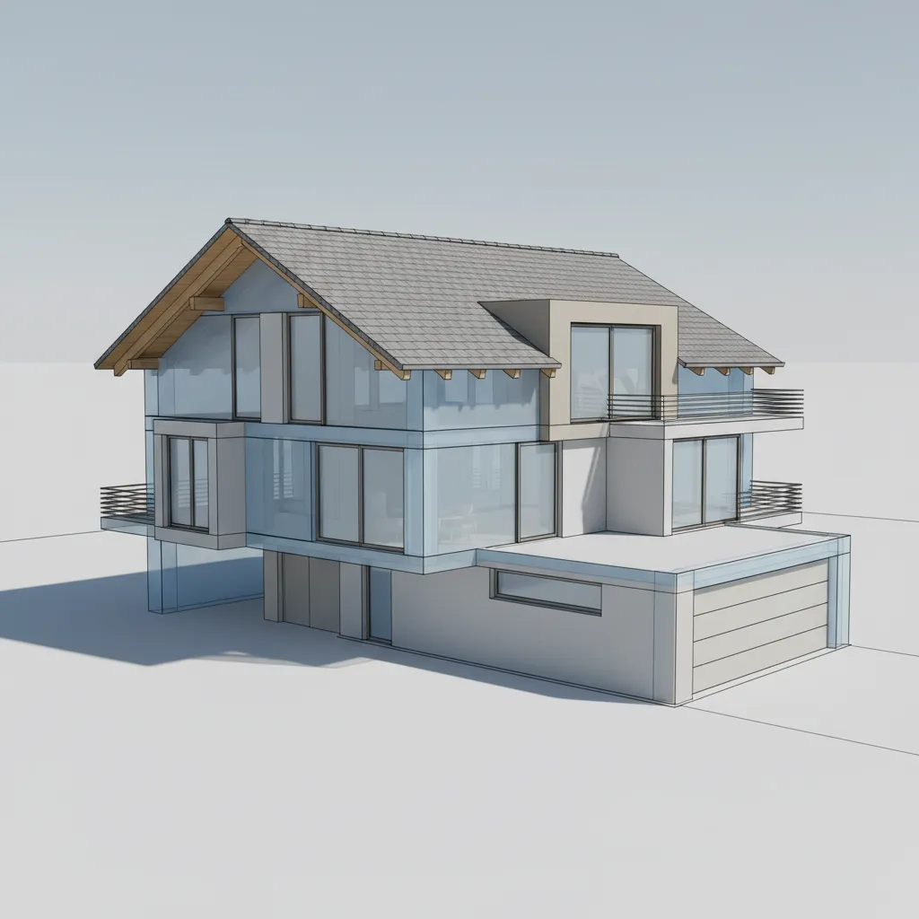 3D architectural model showing walls extruded with additional manually modeled roof and details