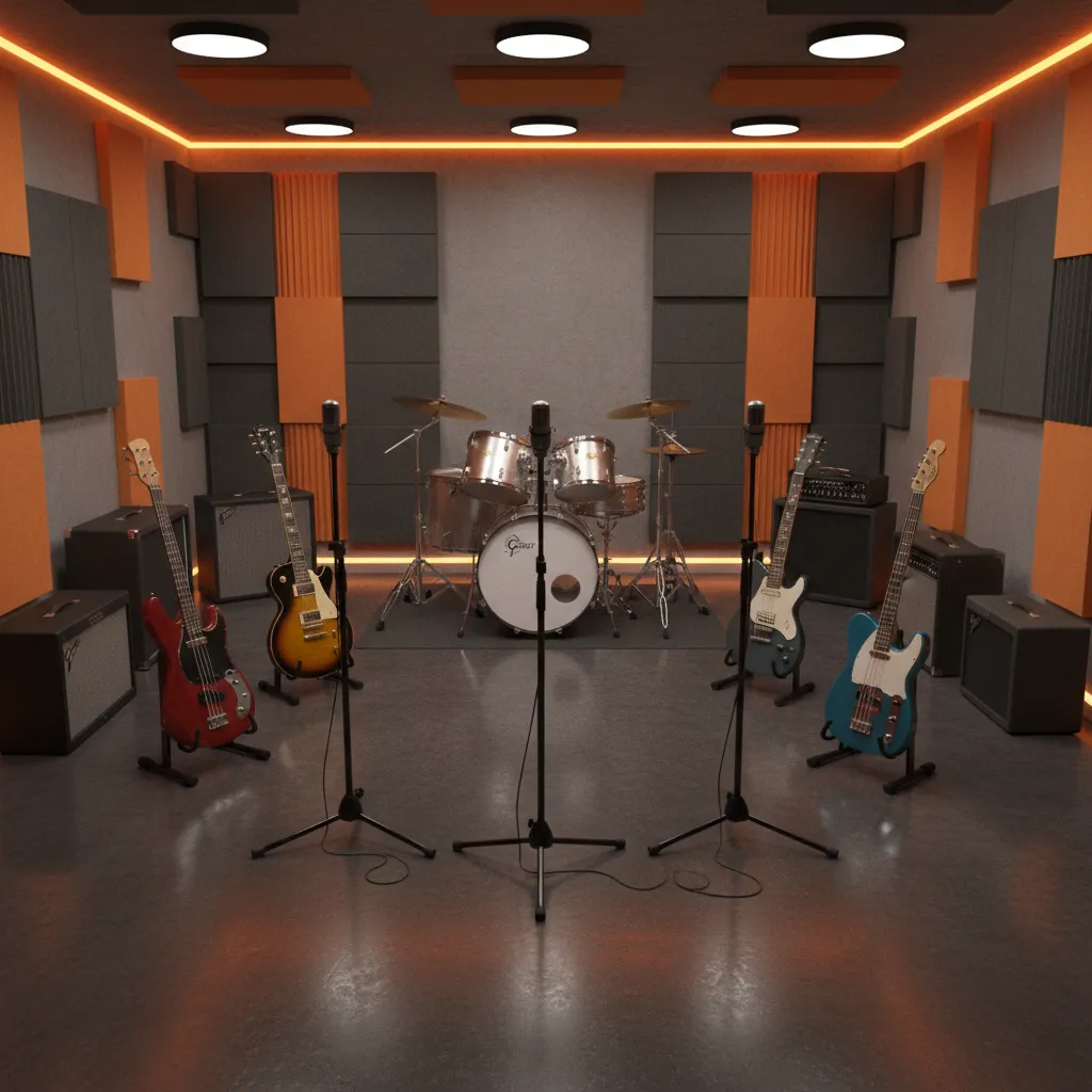 hybrid rehearsal room layout combining wall equipment placement with inward facing musicians