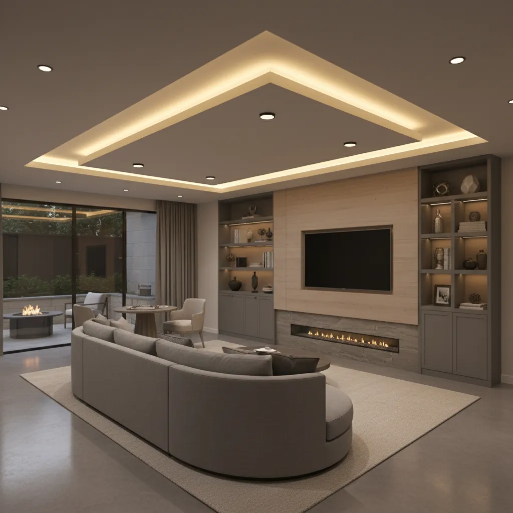Modern living room featuring grey curved sofa, wood wall panel, fireplace, and large glass doors
