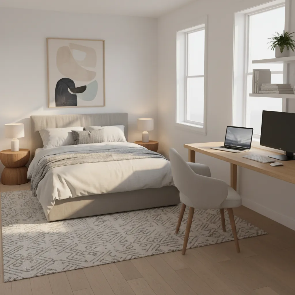 11x16 bedroom office layout with bed and workspace zones