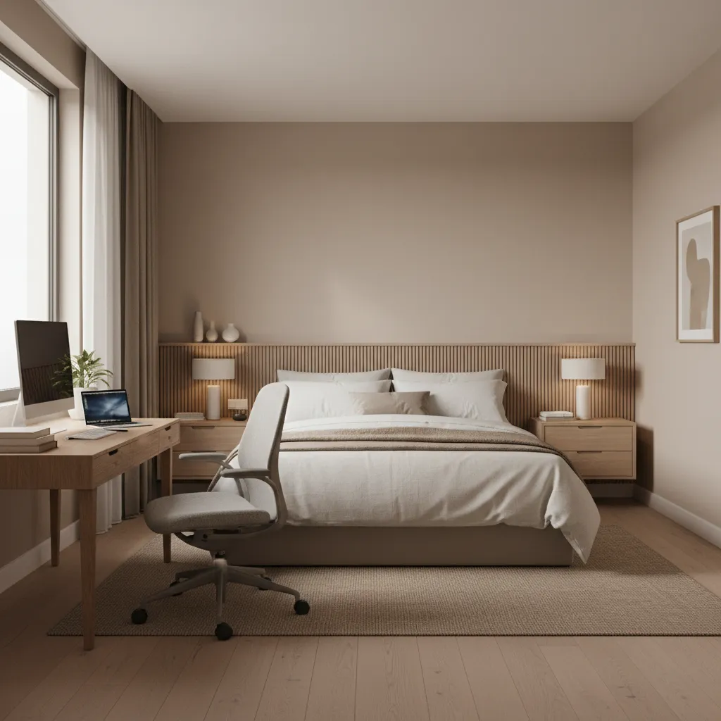 Medium sized bedroom with integrated workspace and desk near window