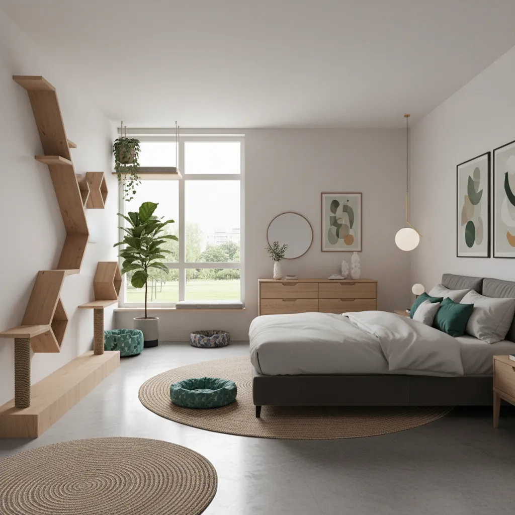 Bedroom combining wall climbing shelves and open floor running space for Bengal cats