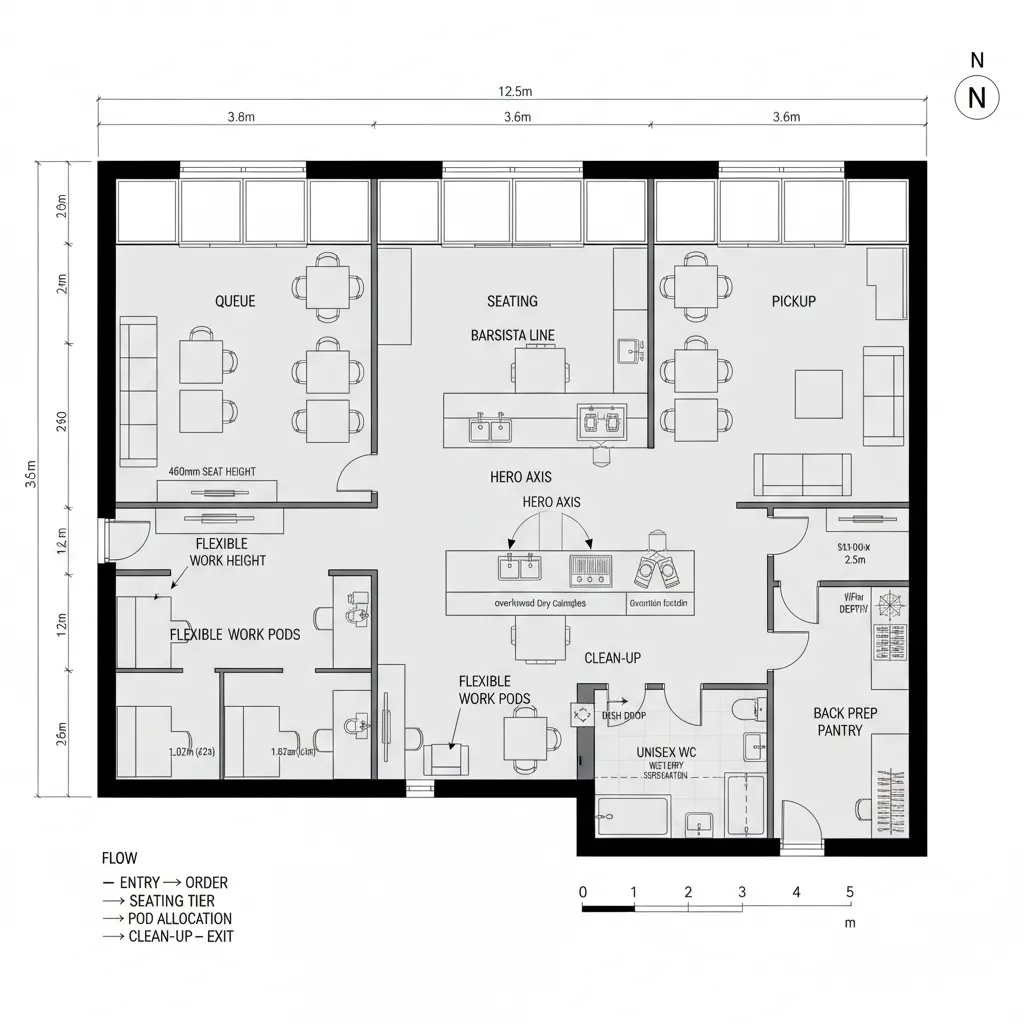 Floor plan drawing of a cafe and workspace showing seating areas kitchen counter and restroom